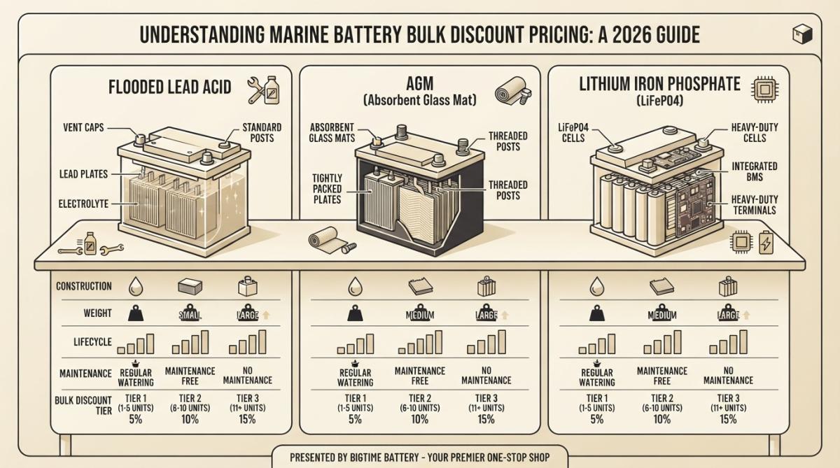 Close-up of three different marine battery types (AGM, lead acid, and lithium iron phosphate) arranged side-by-side on a workbench, showing physical differences in size, terminal configurations, and construction