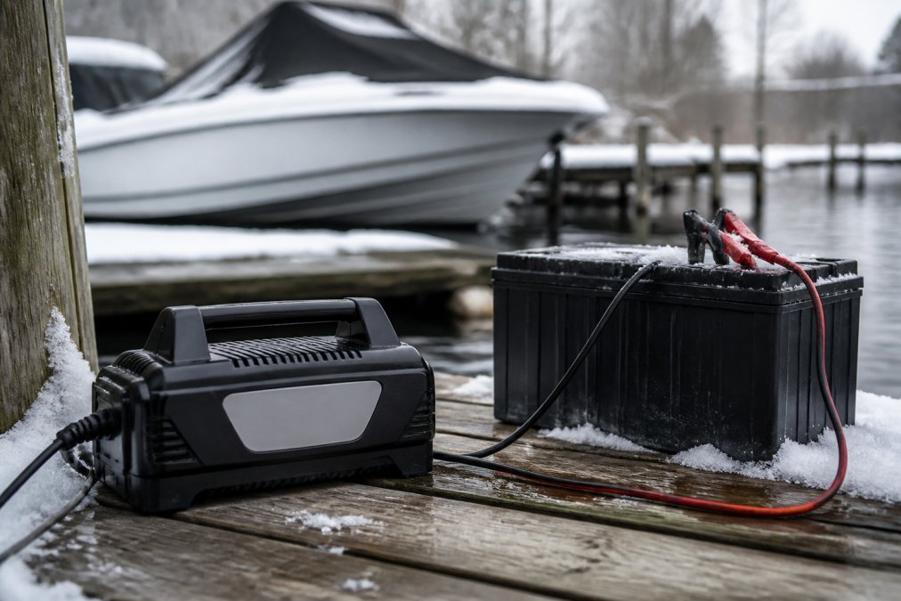 Close-up of a smart marine battery charger with temperature compensation display connected to a boat battery in winter storage, mounted on wooden dock with snow visible