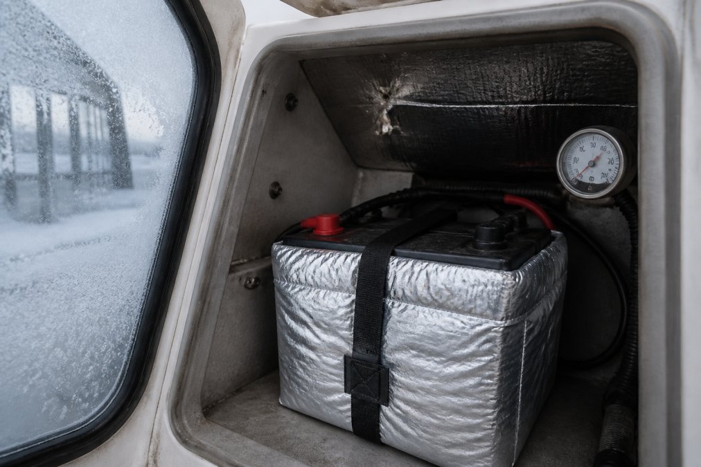Marine battery wrapped in insulated thermal blanket with temperature gauge mounted nearby in cold boat storage locker, showing frost on windows