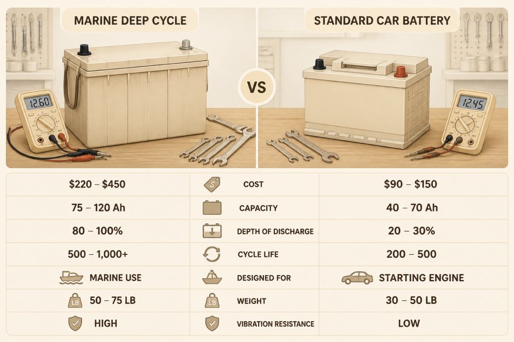 Side-by-side comparison of a marine deep cycle battery and a standard car battery on a wooden workbench, multimeter and wrench set nearby, bright garage lighting