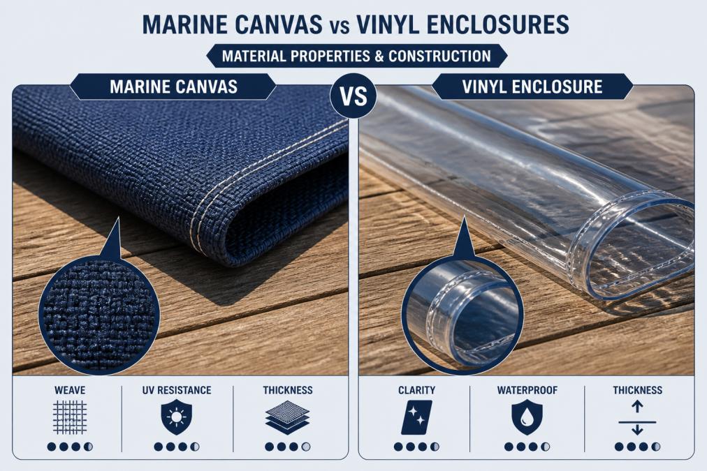 Close-up of marine canvas fabric weave texture and clear vinyl material samples displayed side by side on wooden surface, showing distinct material differences under natural sunlight