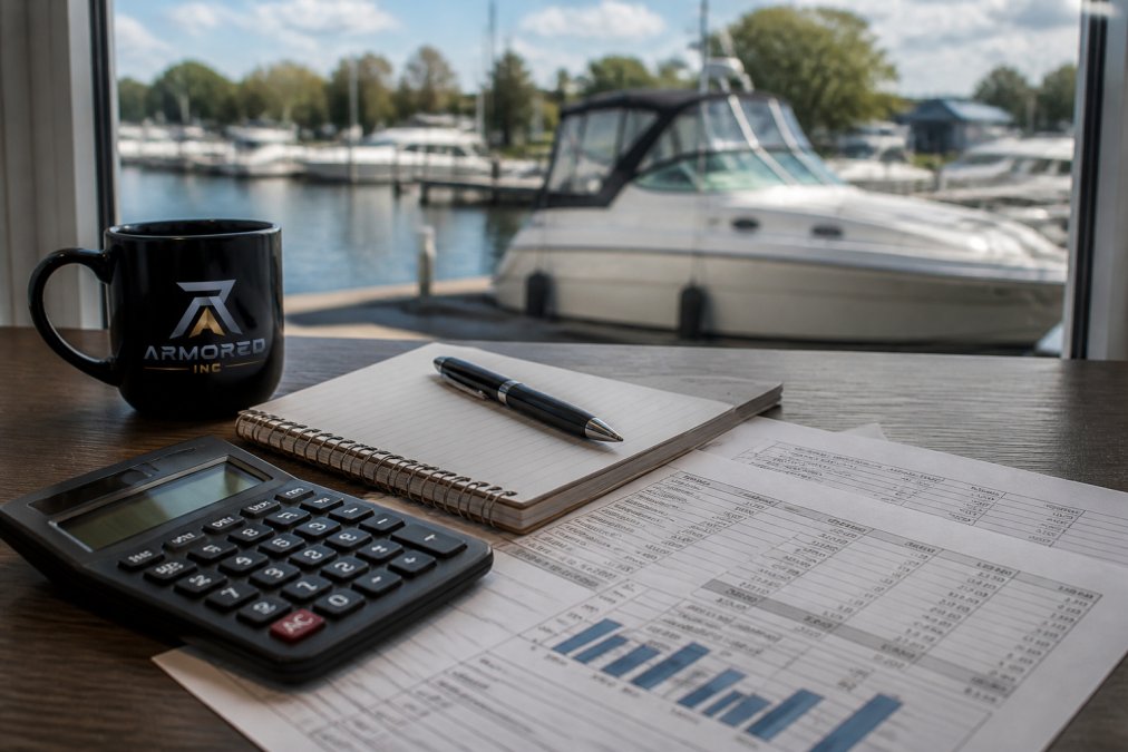 Technician applying ceramic coating to a glossy boat hull at a marina to determine the total cost per foot.