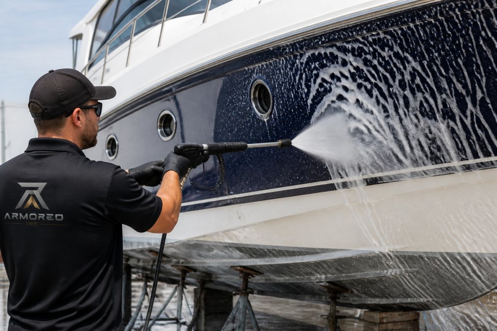 Professional technician using a pressure washer on a boat hull, with water spray and foam visible during the decontamination phase, showing proper technique and coverage
