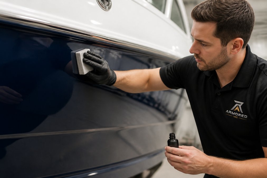 Technician applying marine ceramic coating to a boat hull using a microfiber applicator pad, demonstrating proper technique with even, controlled coverage strokes