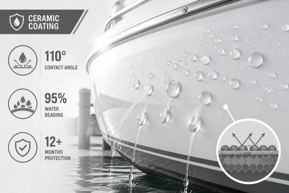 Close-up of water beading on a freshly coated white boat hull, showing strong hydrophobic effect with large rounded droplets rolling off the glossy gelcoat surface in bright afternoon sunlight on a dock