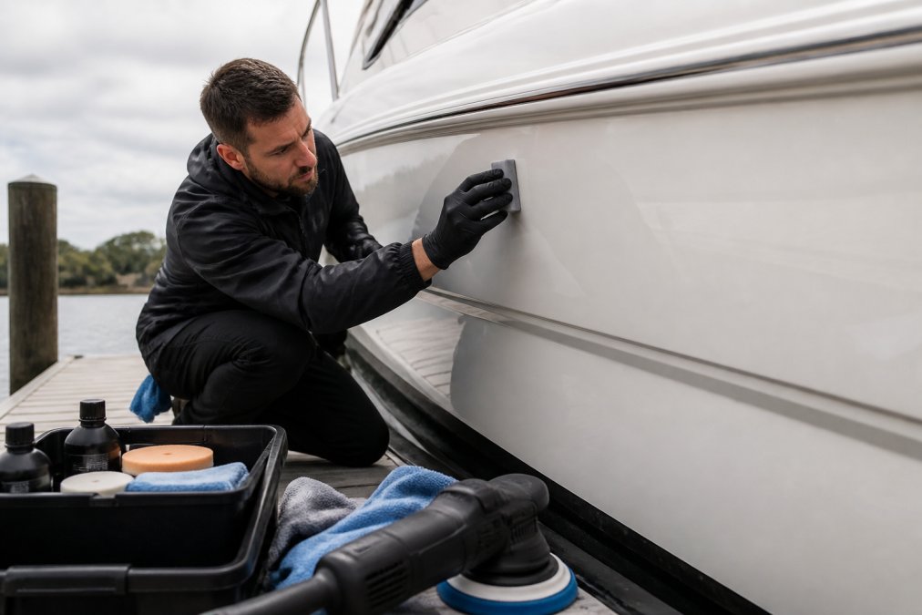 A technician in protective nitrile gloves carefully applying ceramic coating to the hull of a white fiberglass boat using a foam applicator pad, with polishing compounds, microfibre cloths, and buffing equipment visible on the dock nearby in overcast natural light