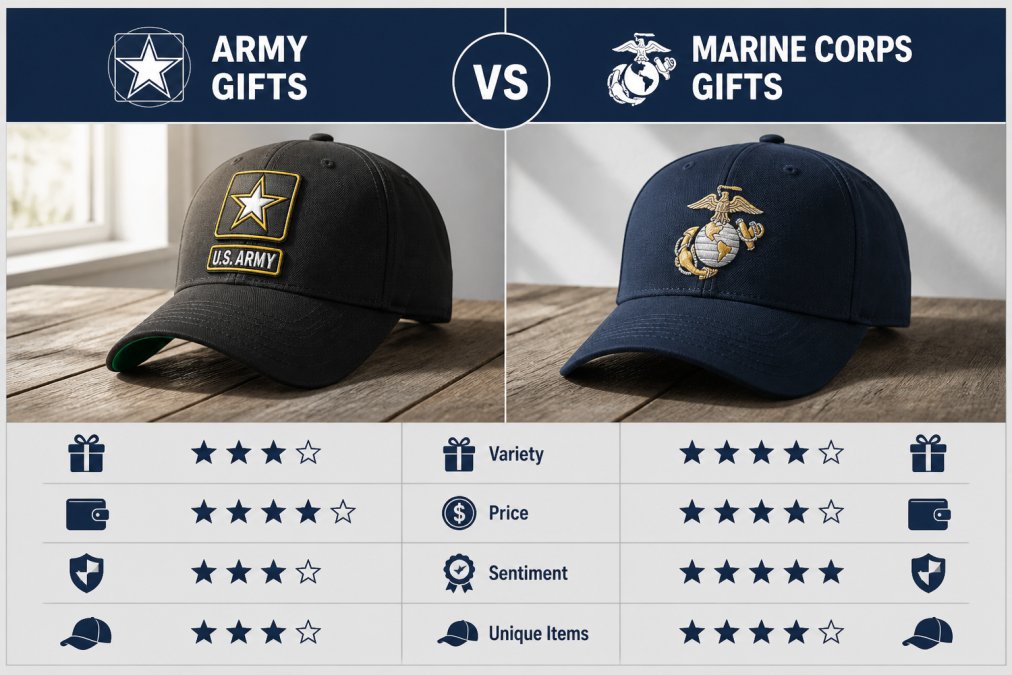 Two caps side by side on a weathered wooden table, a black US Army logo cap with green under visor next to a brushed cotton twill Marine Corps cap with embroidered emblem, soft natural window light from the left