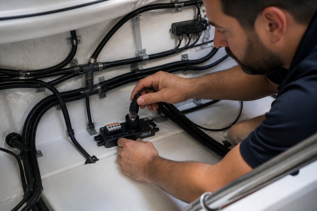 Professional marine technician installing NMEA 2000 backbone cables in an engine compartment, showing proper cable routing, multiple device connections, and terminator blocks with color-coded connectors