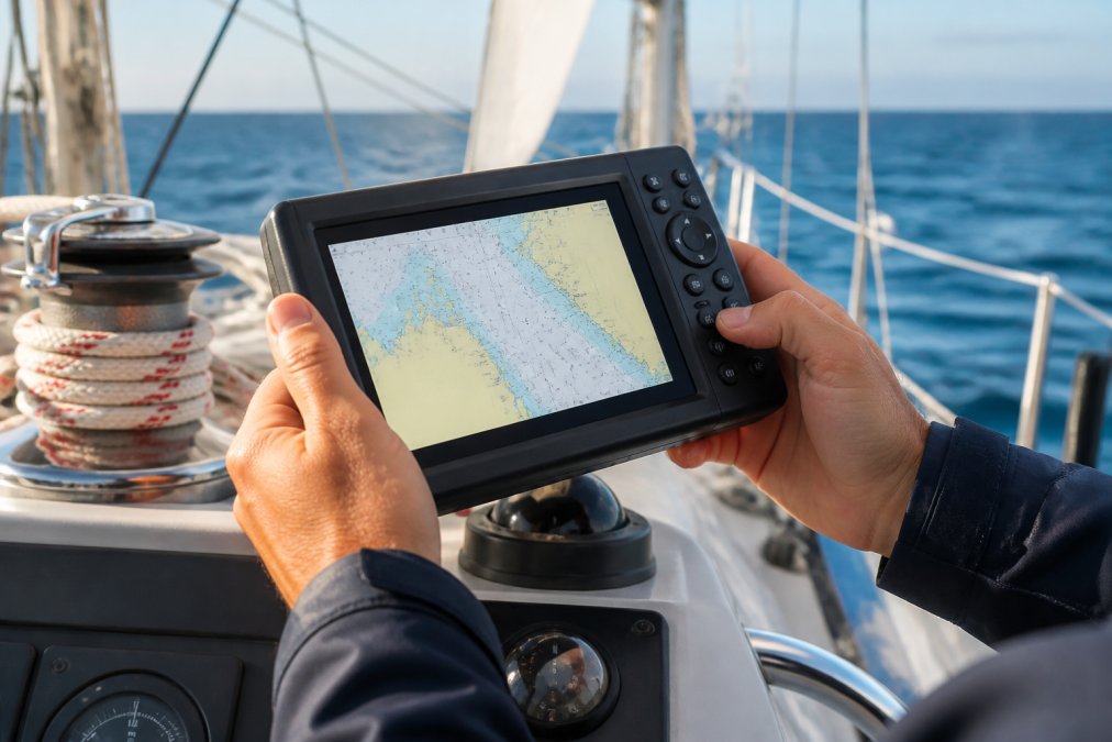 Close-up of hands holding a Garmin chartplotter display unit on a boat's helm with ocean and sailboat rigging visible in the background