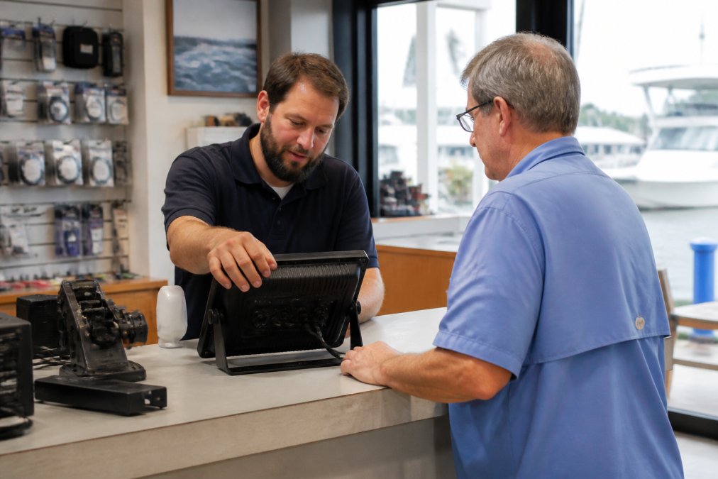 Marine technician in polo shirt examining a chartplotter unit at service counter while boat owner looks on, natural lighting from storefront windows