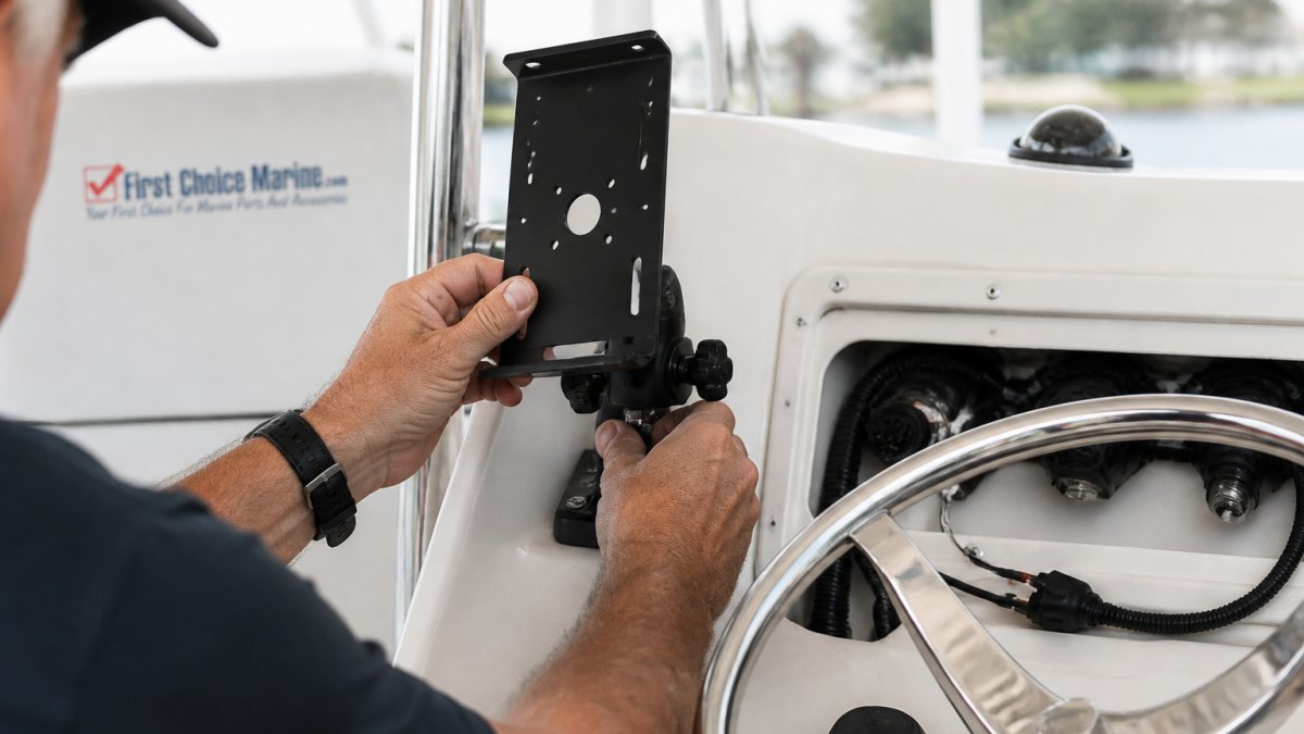 Boat owner's hands installing a display mount on center console helm, working with marine-grade stainless steel hardware and cable connectors in close-up detail