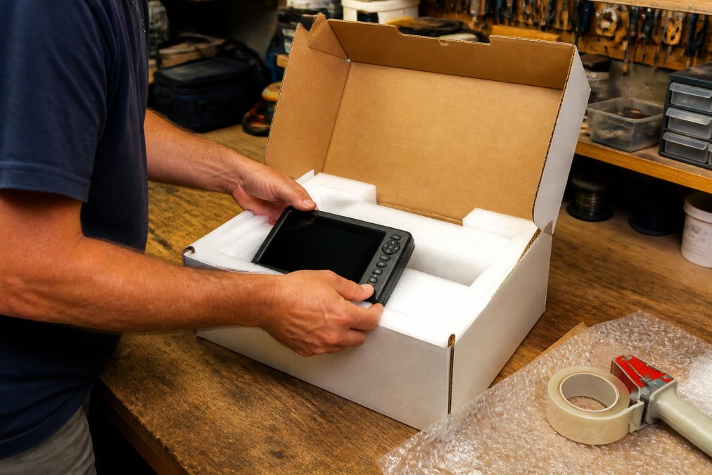 Close-up of hands carefully repacking a marine GPS chartplotter unit into its original foam-lined box on a workbench, with bubble wrap and packing tape nearby, under warm workshop lighting