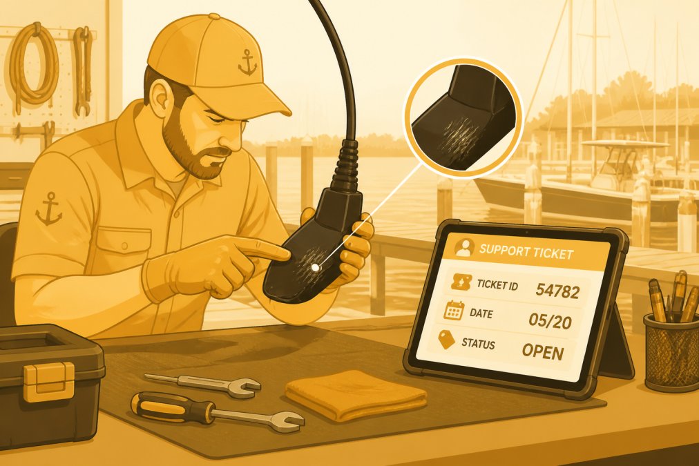 Marine technician inspecting a sonar transducer for physical damage at a dock-side workstation, with a tablet showing a support ticket open beside them, in natural daylight at a working marina