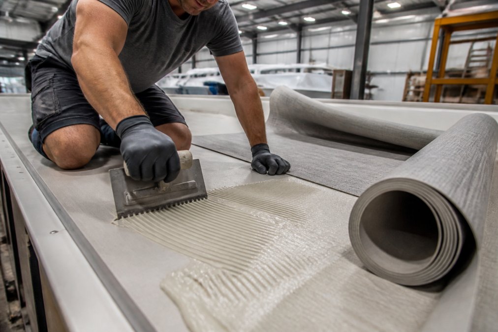 Close-up of a manufacturing worker applying marine-grade adhesive to a boat deck substrate with a notched trowel, rolls of woven vinyl flooring visible nearby in a bright production facility