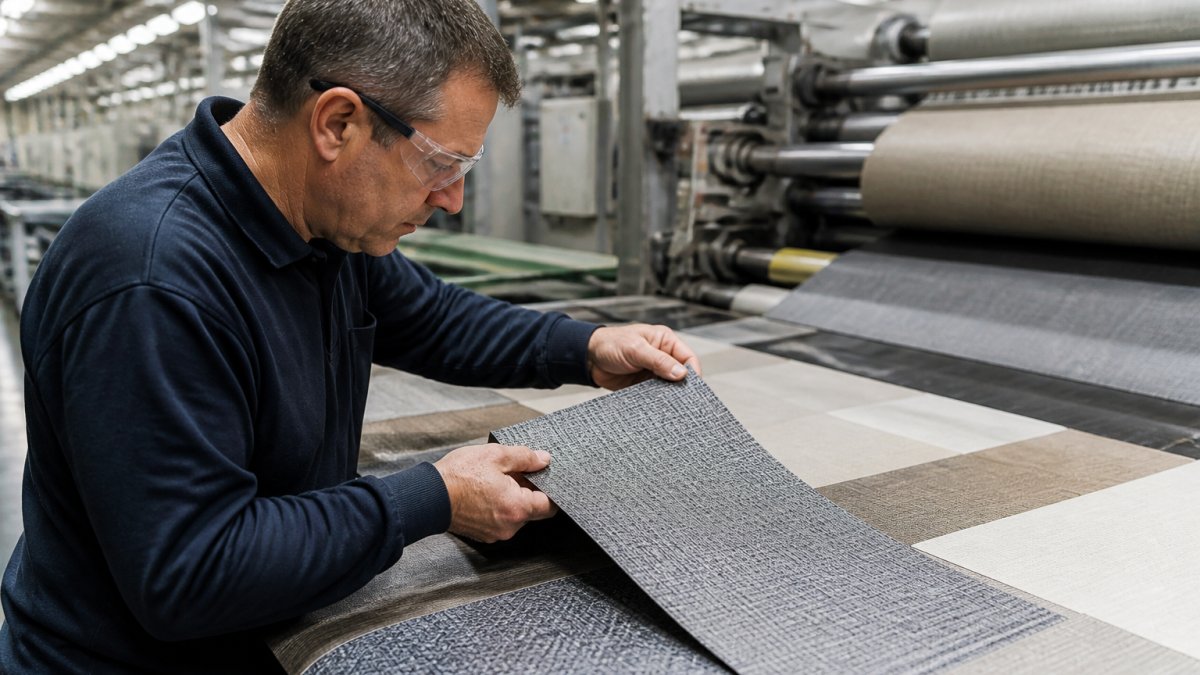 Quality control technician inspecting marine vinyl flooring samples on a production line, examining texture and color consistency under bright industrial lighting