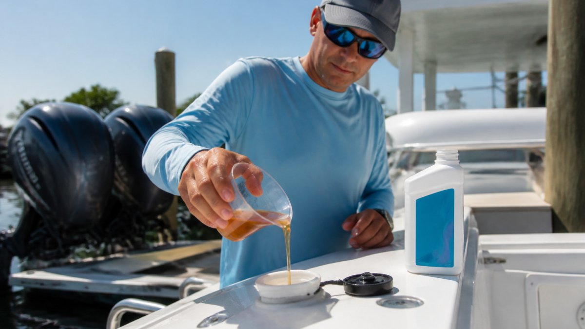 Professional demonstrating proper marine fuel additive dosage by pouring stabilizer into outboard fuel tank with measuring cup and treatment bottle visible on boat dock in bright daylight