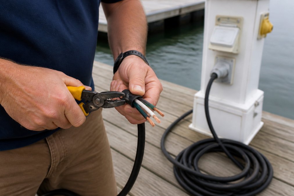 Close-up of a technician's hands stripping marine grade electrical cable on a wooden dock, with a power pedestal and water visible in the background