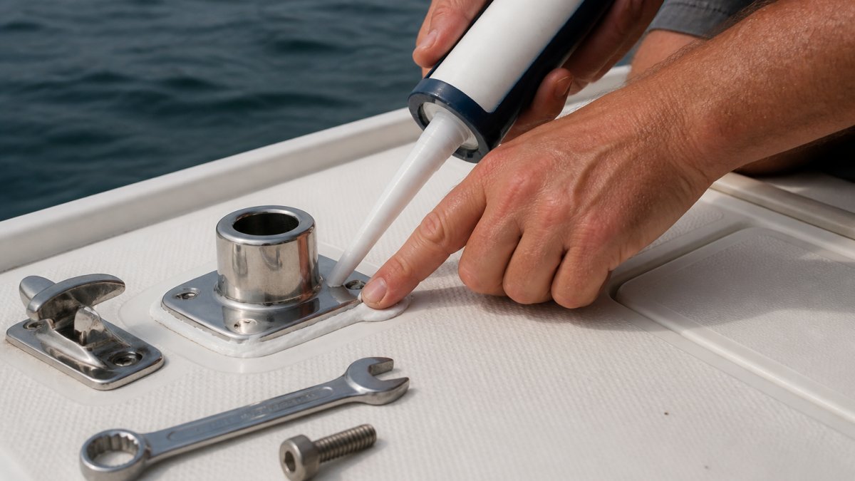 Close-up of hands applying marine-grade sealant around a stainless steel deck fitting on a boat, with a wrench and fastener nearby