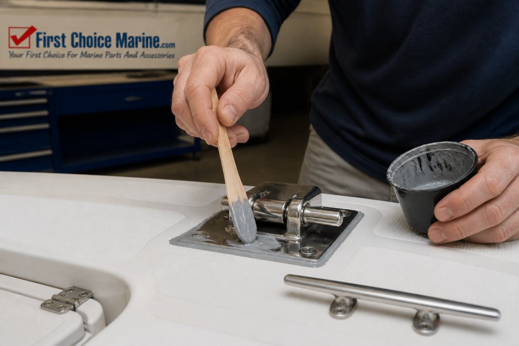 Professional technician's hands applying marine epoxy adhesive to boat fittings with stainless steel hardware visible, showing proper installation technique on fiberglass surface in bright workshop lighting