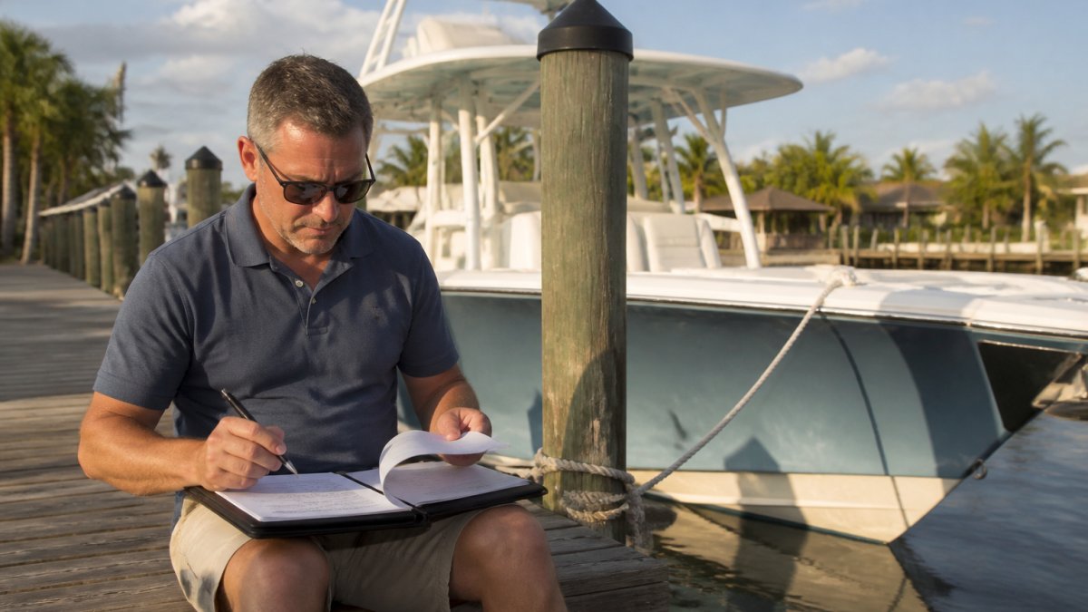 Yacht owner reviewing marine insurance requirements for private yachts with paperwork at a sunny marina dock