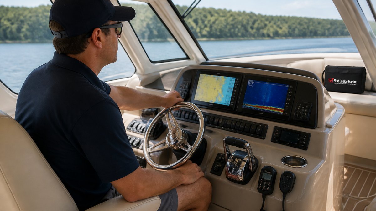 Professional boat captain reviewing marine navigation electronics at helm console with integrated chartplotter display, sonar unit, and autopilot controls mounted at modern dashboard with natural daylight