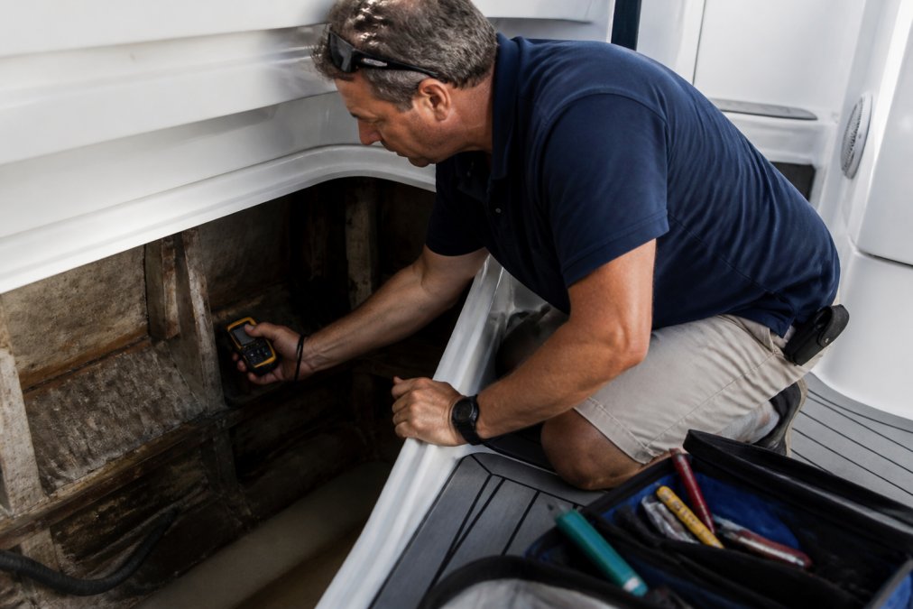 Professional marine surveyor using moisture meter on yacht's hull interior with inspection tools visible on deck nearby
