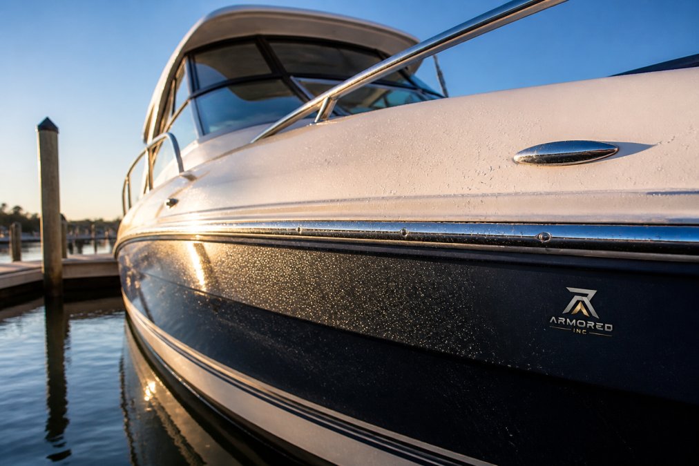 Recreational boat moored in calm water with sunlight reflecting off a freshly ceramic-coated hull, showing glossy protective finish and water droplets beading on the treated gelcoat surface