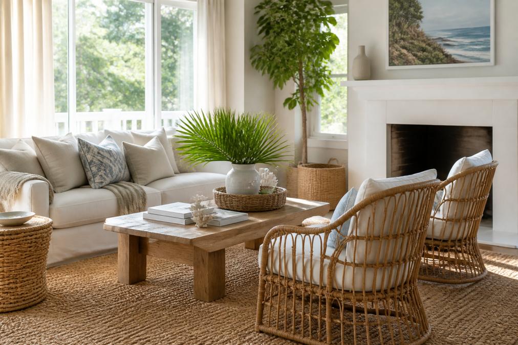 Bright airy living room with coastal-inspired decor featuring natural rattan chairs, cream linen textiles, woven jute accents, and large windows with soft natural light streaming across the space