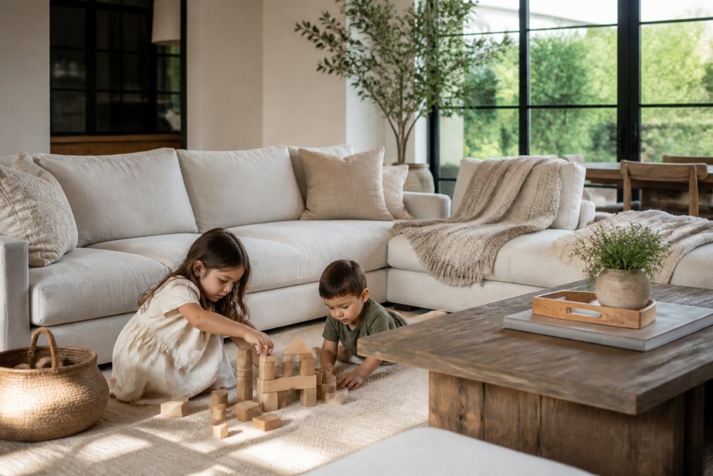 Family living room with children playing near well-made neutral-toned furniture, showing durable pieces with textured linen upholstery, solid wood frames, and minimal visual clutter in natural lighting