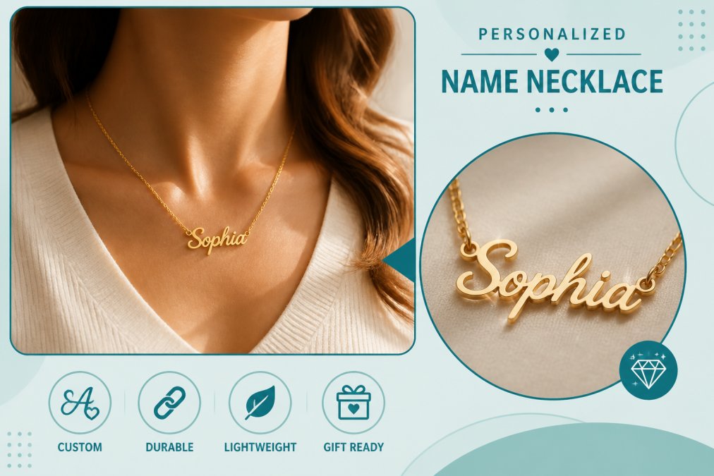 Woman wearing a delicate personalized name necklace with soft natural lighting, close-up of the pendant showing engraved lettering detail and gold finish catching the light
