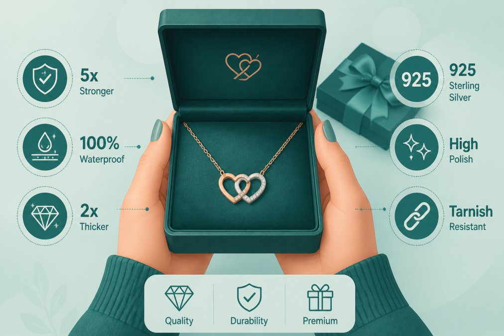 Hands holding an open jewelry box with a necklace displayed on soft velvet, showing premium packaging with warm lighting highlighting the craftsmanship and metal finish