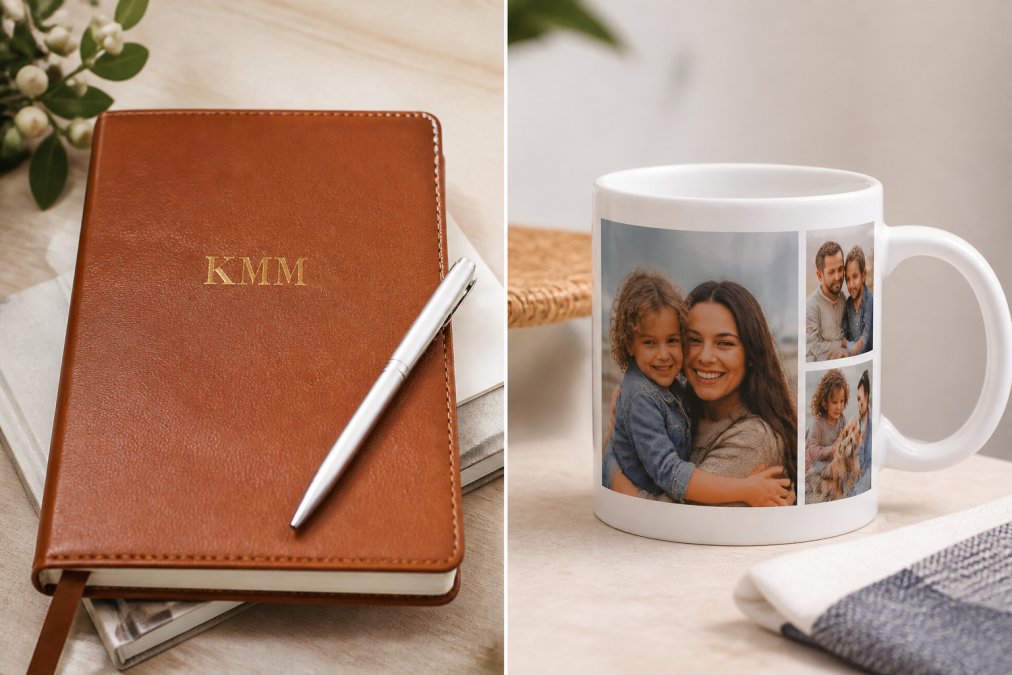 Split-screen comparison showing a monogrammed leather journal from Mark and Graham alongside a personalized photo mug from Personal Creations, each displaying their respective customization strengths in clear, well-lit detail