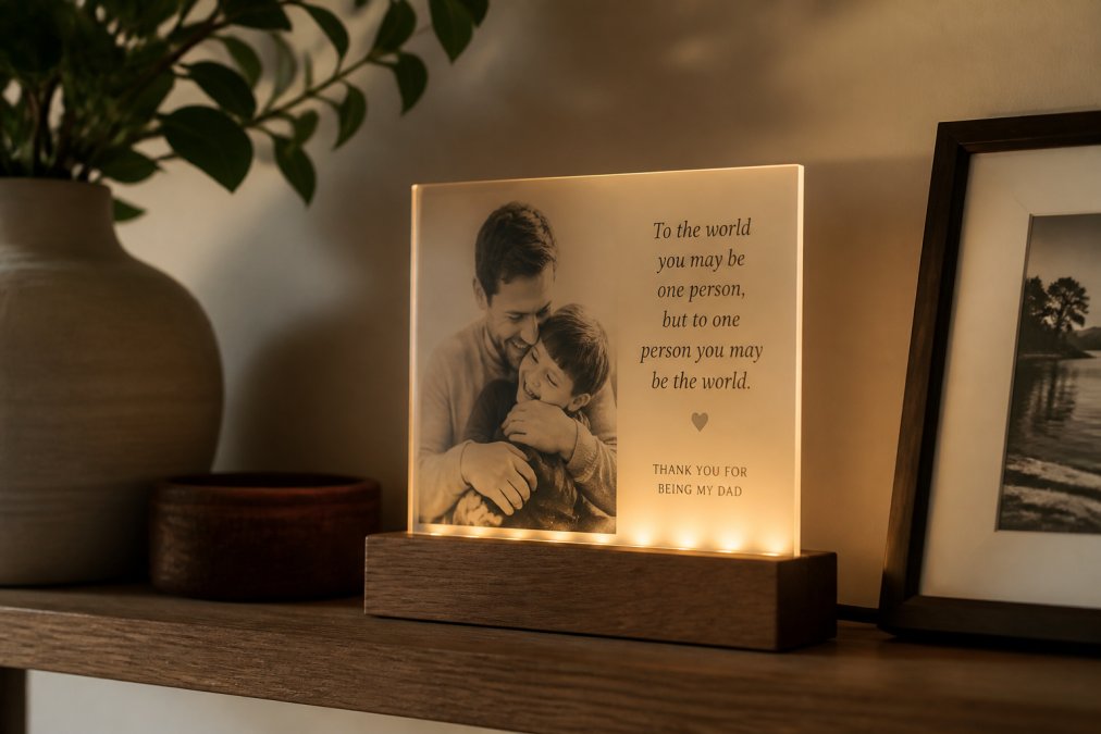Close-up of a clear acrylic square plaque with a heartfelt printed message resting on a wooden LED base on a living room shelf, warm evening light