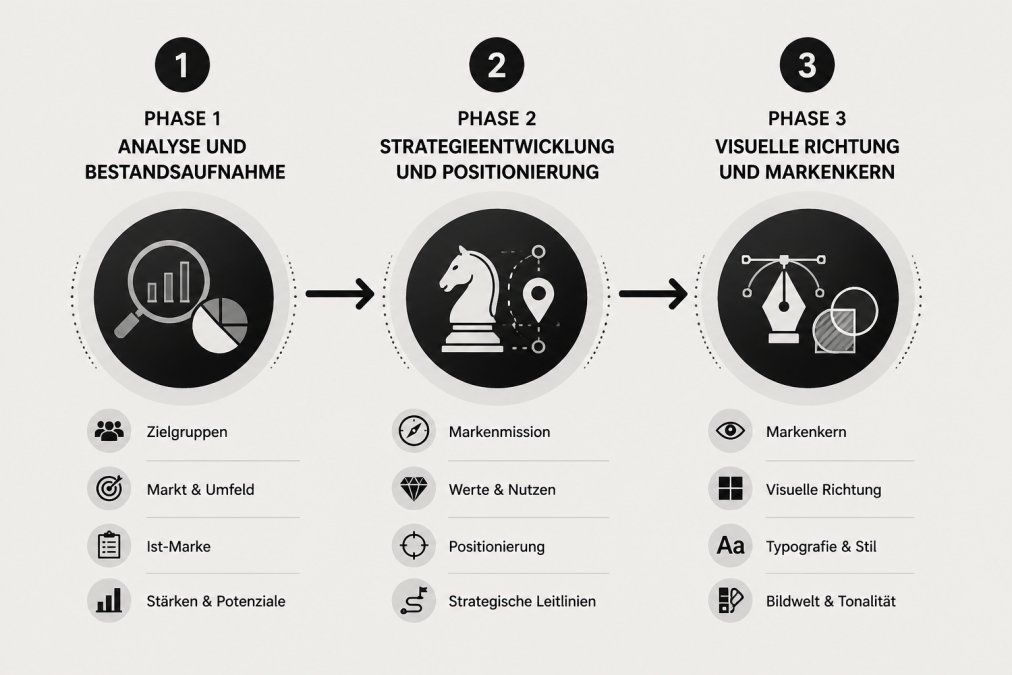 Flowchart mit drei Phasen: Phase 1 Analyse und Bestandsaufnahme → Phase 2 Strategieentwicklung und Positionierung → Phase 3 Visuelle Richtung und Markenkern