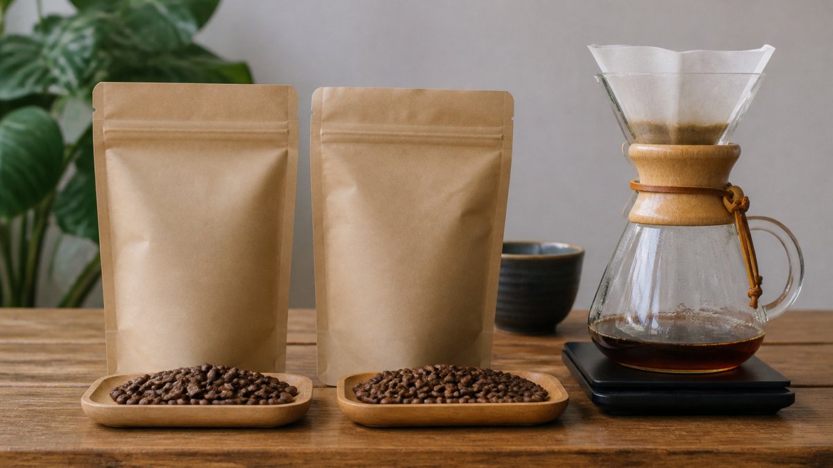 Two bags of coffee beans and a pour-over brewer on a wooden bench with a tasting cup in the background