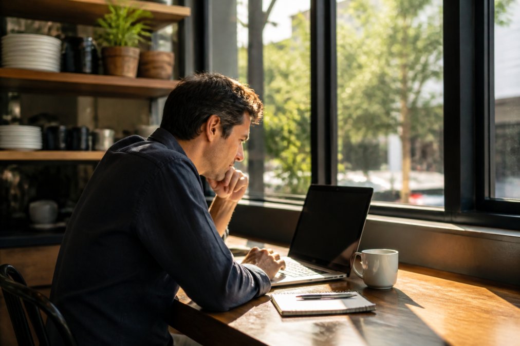 Restaurant owner or manager reviewing email campaign metrics on a laptop with coffee and notepad on wooden desk, natural morning light streaming through window