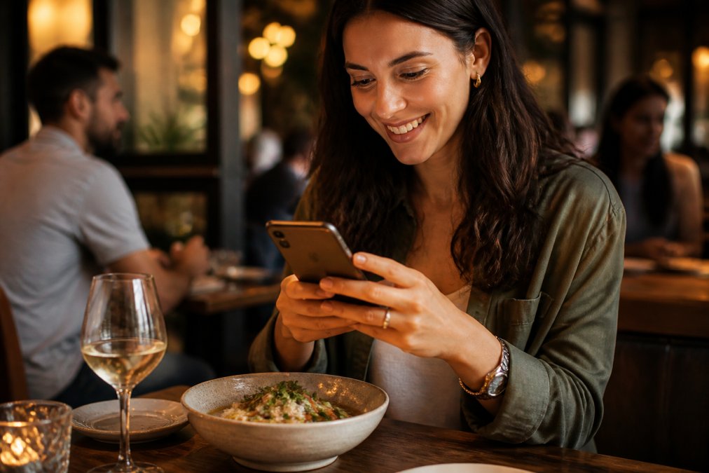 Smartphone screen displaying personalized dining offer notification with appetizing restaurant dish image, warm ambient lighting in restaurant setting