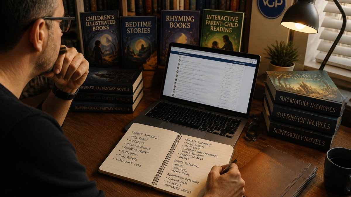 A writer at a desk with a laptop showing a reader forum, surrounded by stacked fantasy novels and a notebook covered in audience notes, warm evening lamp light