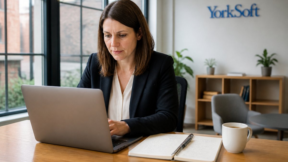 A marketing manager at a desk in a bright office reviewing a subscriber list on a laptop, with a notepad and coffee beside the keyboard