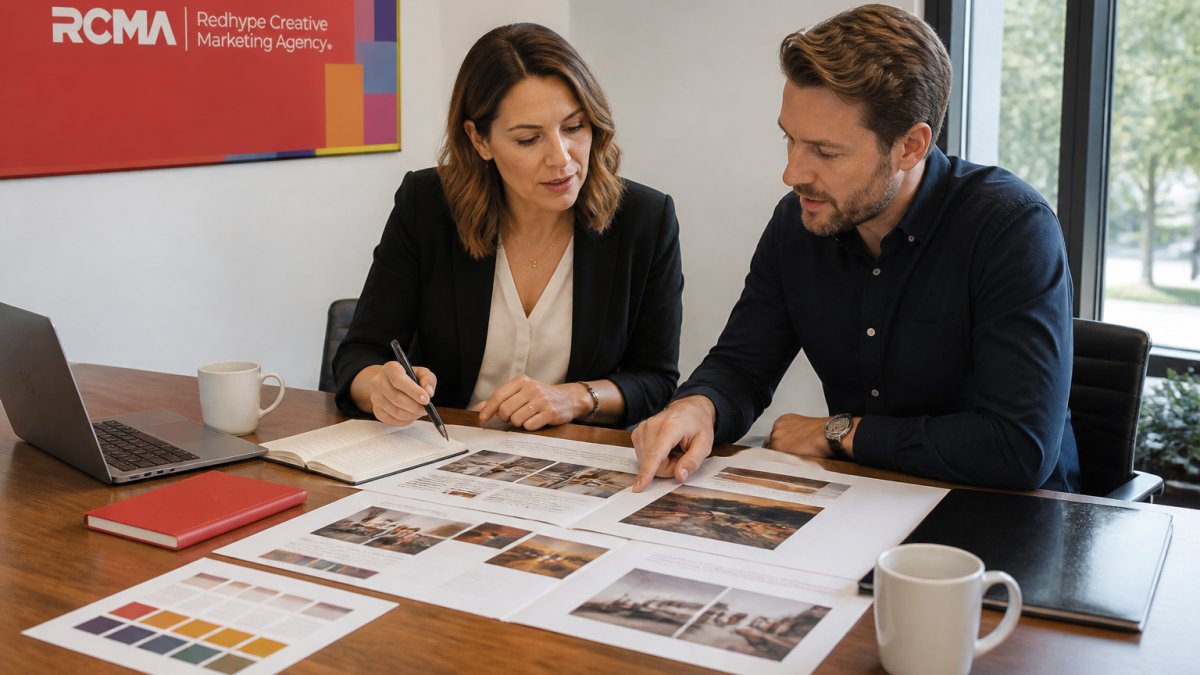 A marketing director and agency account lead reviewing a printed strategy document across a conference table in a bright office, laptop and coffee cups nearby