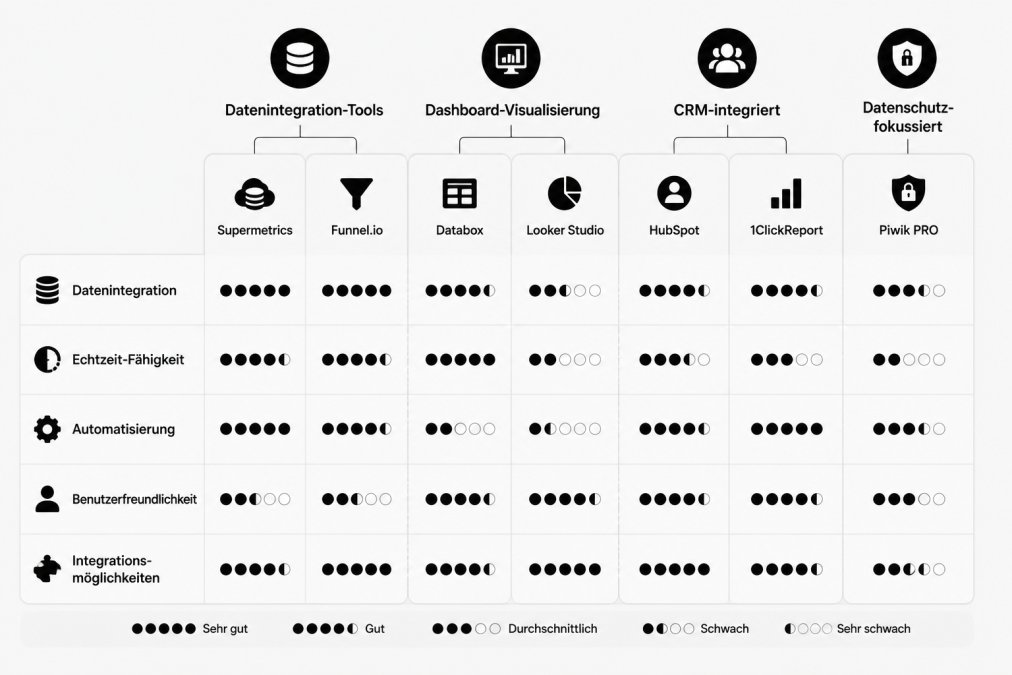 Feature-Vergleichsmatrix mit den Dimensionen Datenintegration, Echtzeit-Fähigkeit, Automatisierung, Benutzerfreundlichkeit und Integrationsmöglichkeiten; Spalten zeigen Datenintegrations-Tools (Supermetrics, Funnel.io), Dashboard-Visualisierung (Databox, Looker Studio), CRM-integriert (HubSpot, 1ClickReport) und Datenschutz-fokussiert (Piwik PRO)