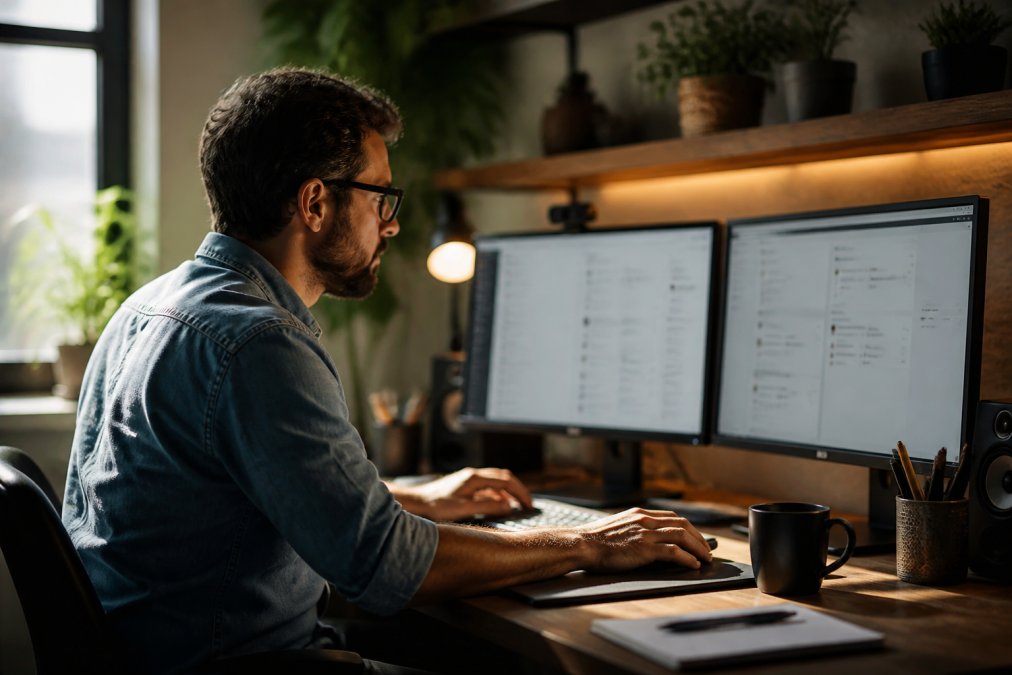 Marketing Automation for Affiliate Marketers in 2026 A focused marketer at a clean desk with dual monitors displaying analytics dashboards and email automation software, warm natural light in a modern home office
