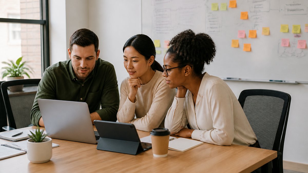 A small ecommerce team of three reviewing an abandoned cart dashboard on a laptop in a bright office, with a whiteboard of customer journey notes behind them