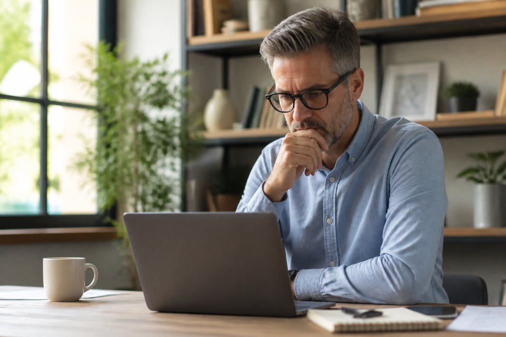 Small business owner reviewing marketing metrics and customer data on a laptop at their desk, with coffee and notepad visible, natural office lighting