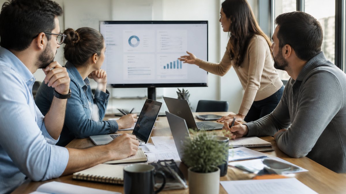 Professional business team reviewing marketing automation platform dashboard on monitor in modern office with natural lighting, team members discussing strategy around desk
