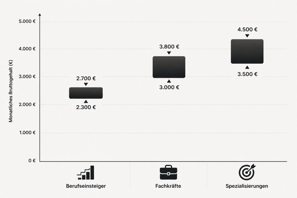 Bar chart comparing salary ranges for marketing roles in Salzburg: Berufseinsteiger 2.300-2.700 €, Fachkräfte 3.000-3.800 €, Spezialisierungen 3.500-4.500 €