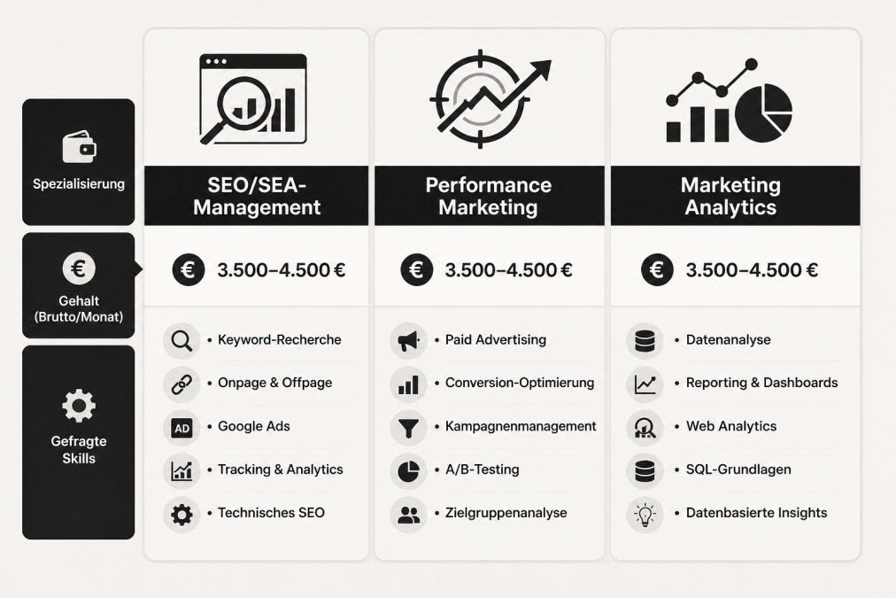 Comparison matrix showing specializations with salary ranges and demanded skills: SEO/SEA-Management 3.500-4.500 €, Performance Marketing 3.500-4.500 €, Marketing Analytics 3.500-4.500 €