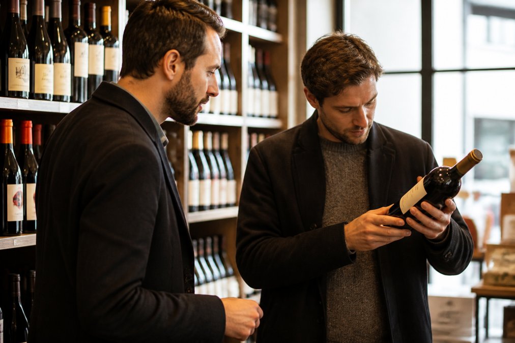 Wine buyer examining a bottle label closely while discussing wine details with a colleague in a modern wine shop with warm natural lighting