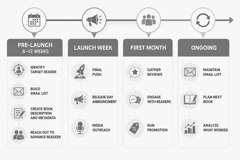 Infographic timeline detailing a marketing plan for self published authors from pre-launch through post-release.