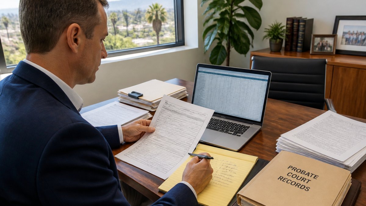 A real estate professional reviewing probate court records and property documents at a desk in a bright Los Angeles office, with a laptop showing a lead spreadsheet and a notepad with handwritten notes